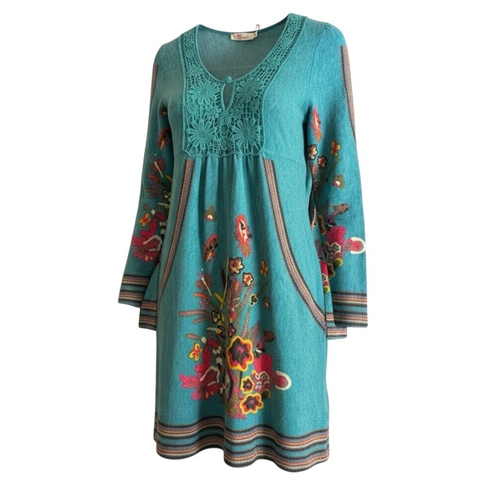 Aryeh Boho Embroidered Floral Knit Small Dress Cottagecore Folk Art Whimsy - Picture 2 of 6